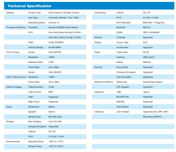 Preview: Technical Specifications DASH CAMERA